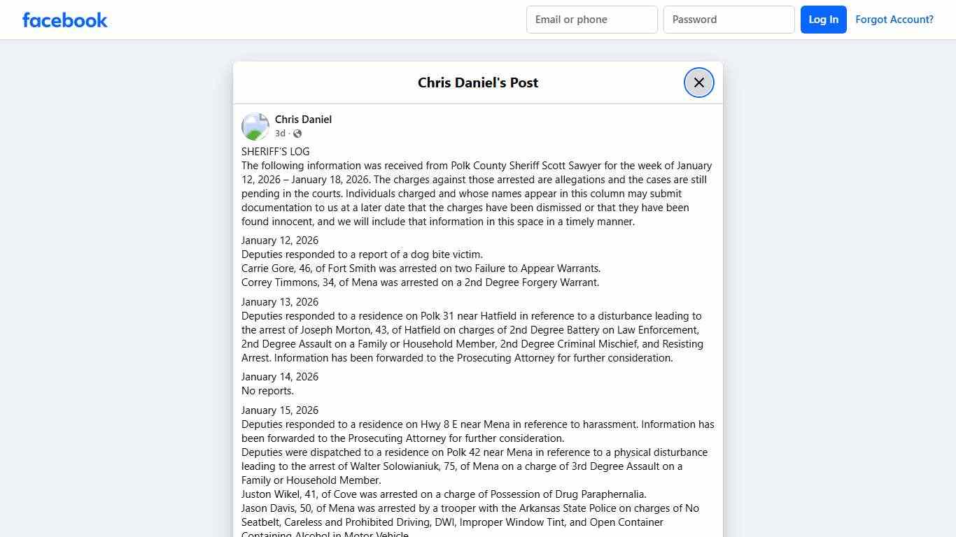 Chris Daniel - SHERIFF’S LOG The following information was... Facebook